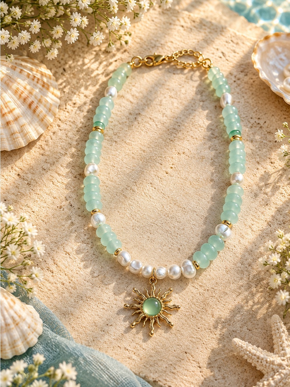 Gold Sun Pendant Necklace with Seafoam Green Beads and Faux Pearls